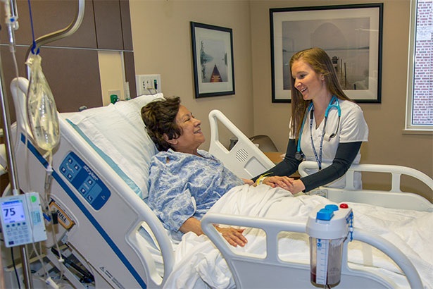 Nurse with patient in hospital inpatient room